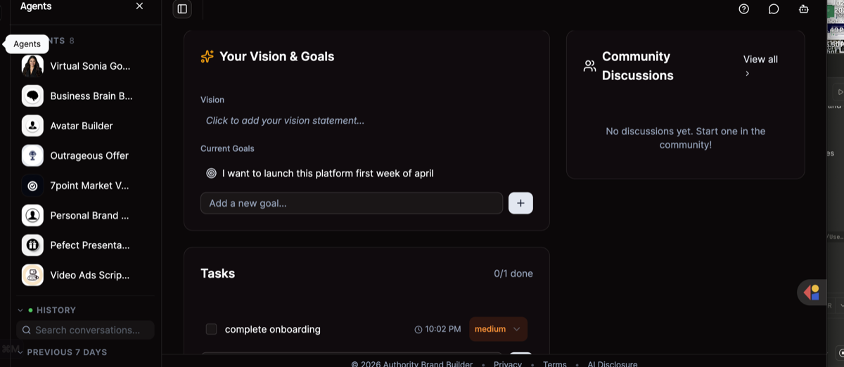 Authority Brand Builder AI Platform — Virtual Sonia Gomez, Avatar Builder, Outrageous Offer, and 5 more AI agents
